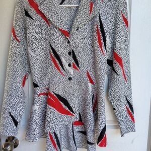 Vintage Retro Bold Black and Red Patterned Blouse With Peplum